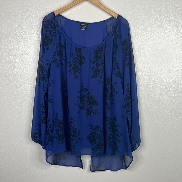 Torrid Long Sleeve Split Back Floral Blouse sz 2X Blue/Black - Picture 1 of 4